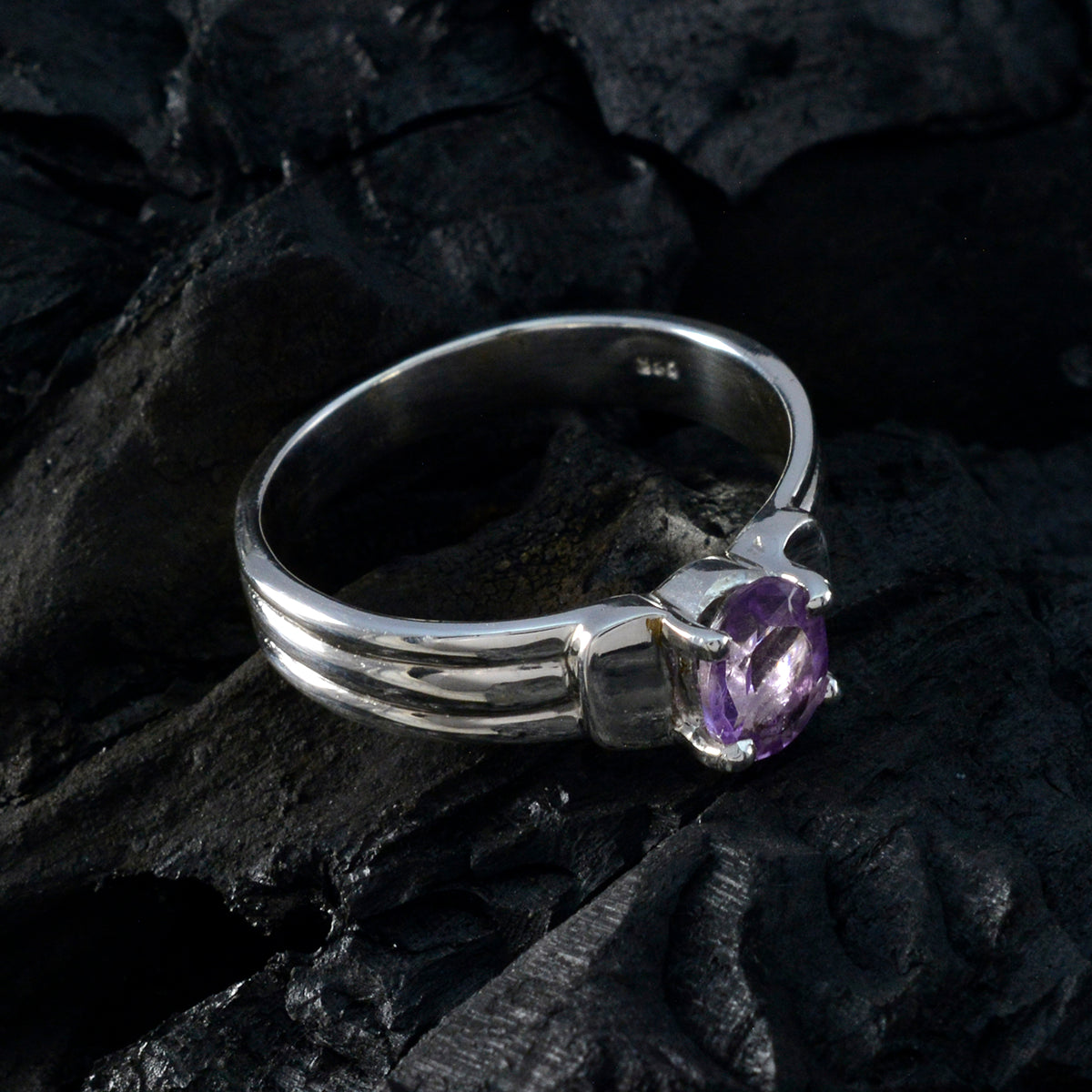 Amethyst Solitaire German Silver Purple Gemstone Tiny Abstract Ring Jewellery