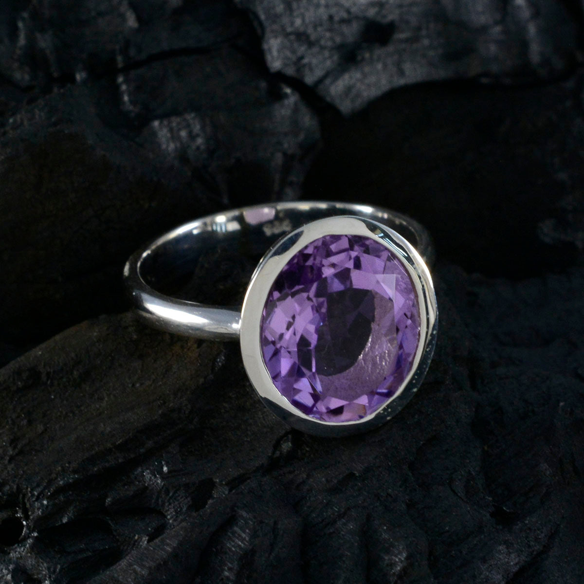 Amethyst Solitaire German 925 Sterling Silver Purple Gemstone Minimal Ethnic Ring Jewelry