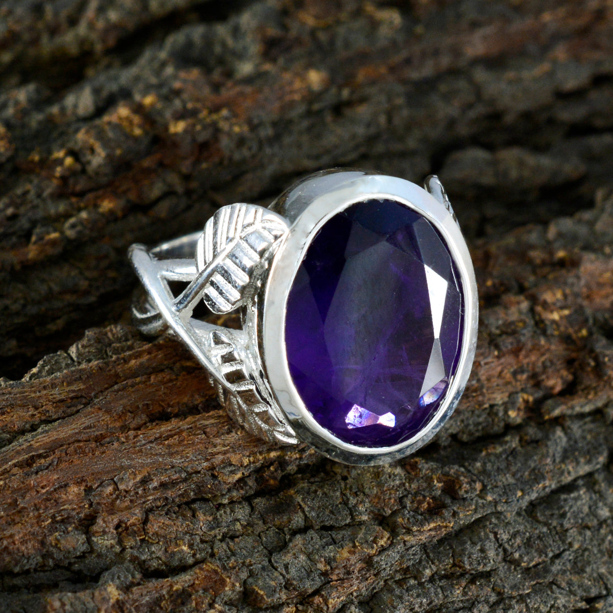 Amethyst Solitaire German Silver Purple Gemstone Statement Leafy Ring Jewellery