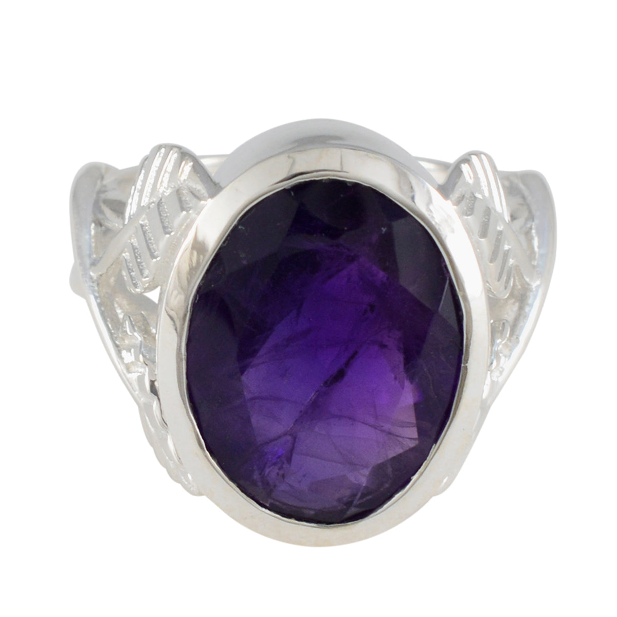 Amethyst Solitaire German Silver Purple Gemstone Statement Leafy Ring Jewellery