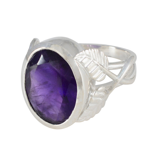 Amethyst Solitaire German Silver Purple Gemstone Statement Leafy Ring Jewellery