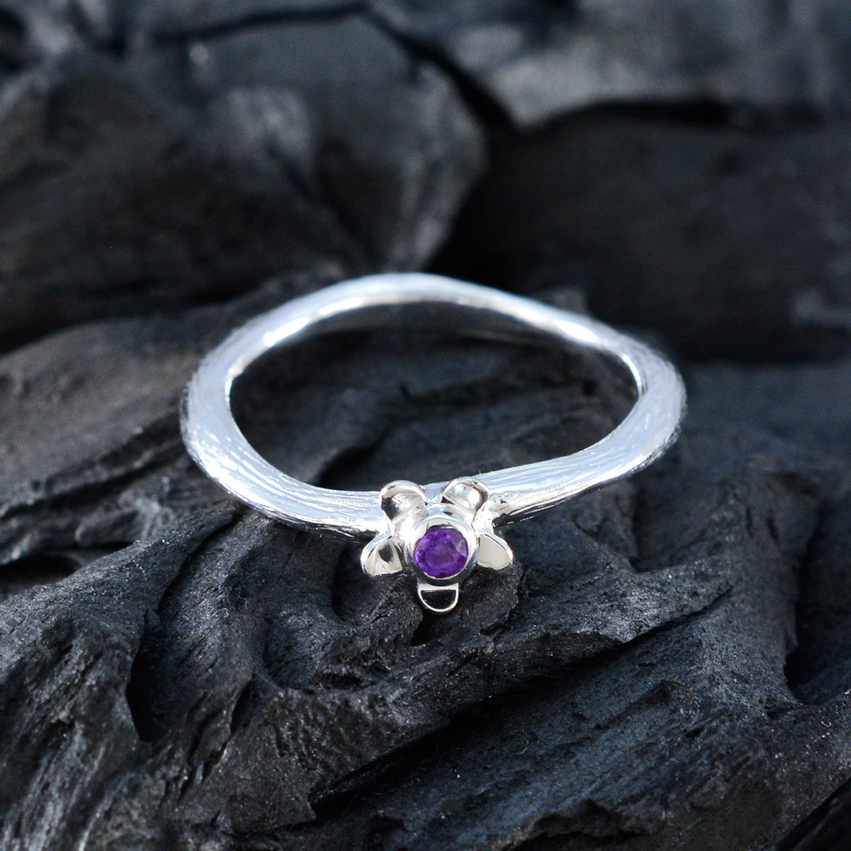 Amethyst Solitaire American Sterling Silver Purple Gems Delicate Abstract Ring Jewelry