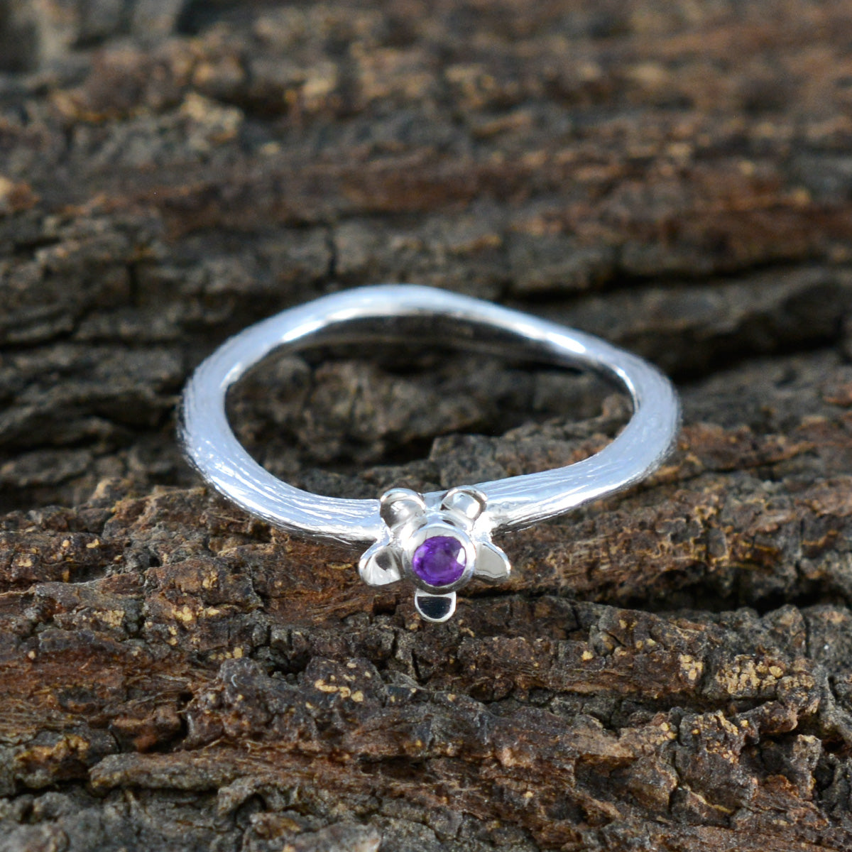 Amethyst Solitaire American Sterling Silver Purple Gems Delicate Abstract Ring Jewelry