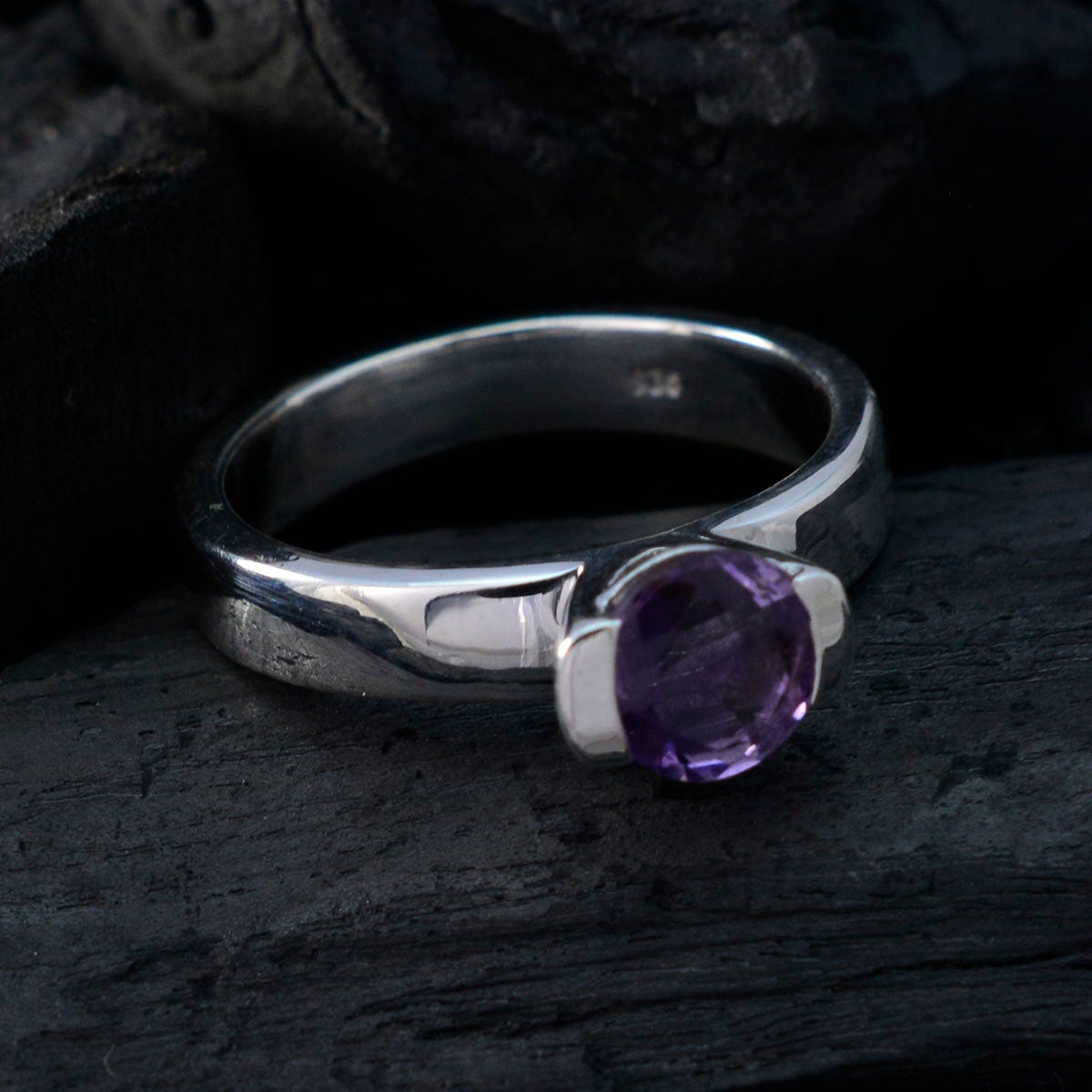 Amethyst Solitaire German 925 Sterling Silver Purple Gemstones Slim Glamorous Ring Jewelry