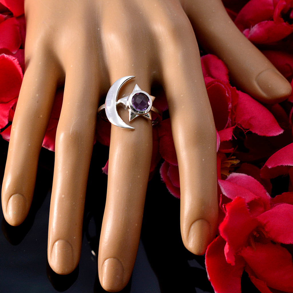 Amethyst Solitaire German 925 Sterling Silver Purple Gems Featherlight Moon & Star Ring Jewelry