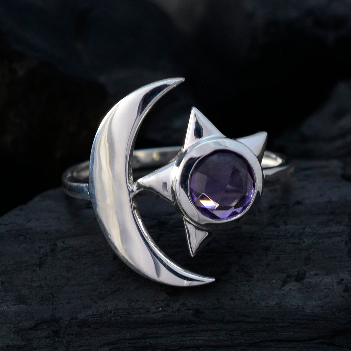 Amethyst Solitaire German 925 Sterling Silver Purple Gems Featherlight Moon & Star Ring Jewelry