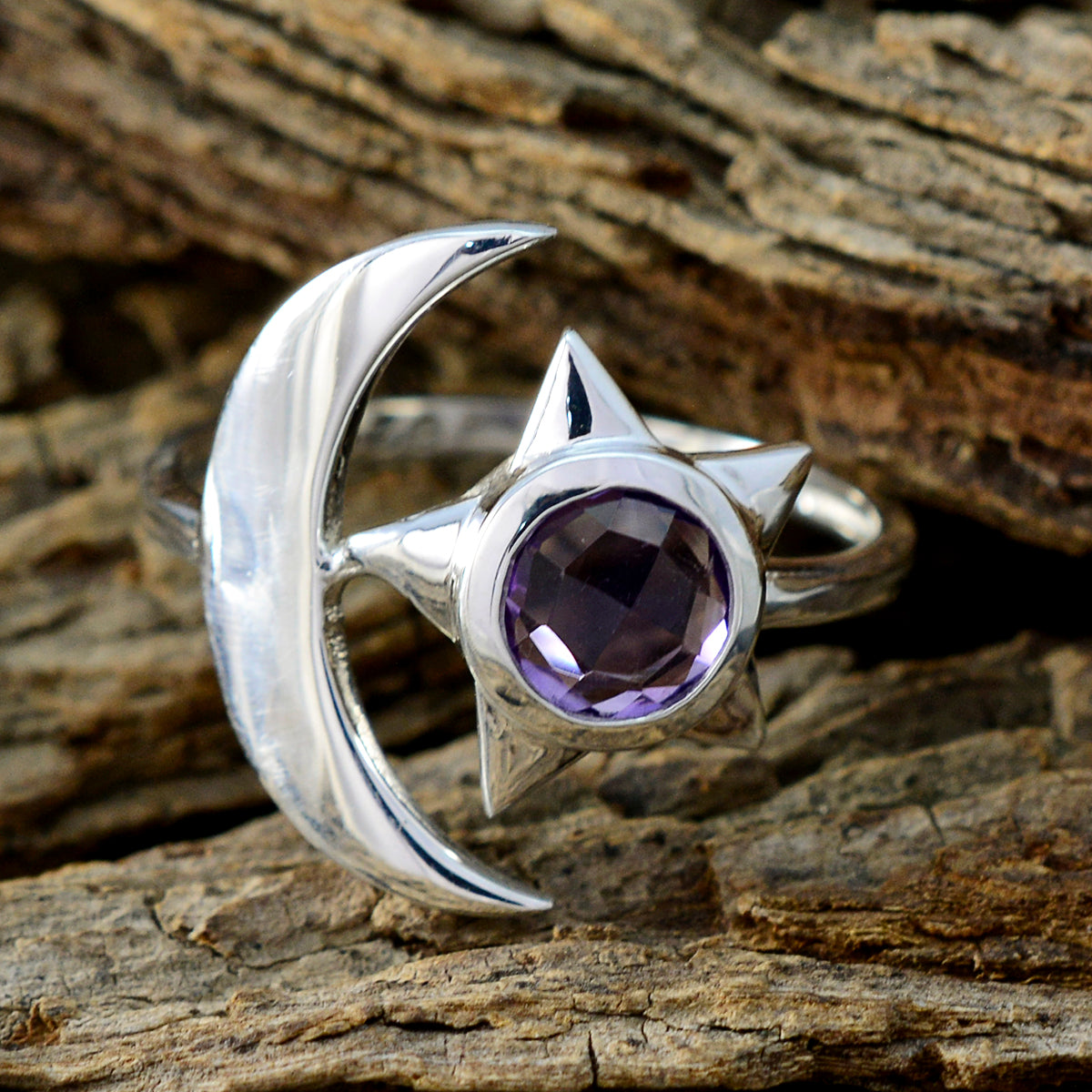 Bague solitaire en argent sterling 925 avec améthyste et pierres violettes, légère comme une plume, lune et étoile Image secondaire du produit