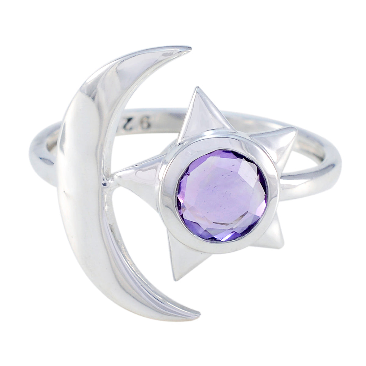 Amethyst Solitaire German 925 Sterling Silver Purple Gems Featherlight Moon & Star Ring Jewelry