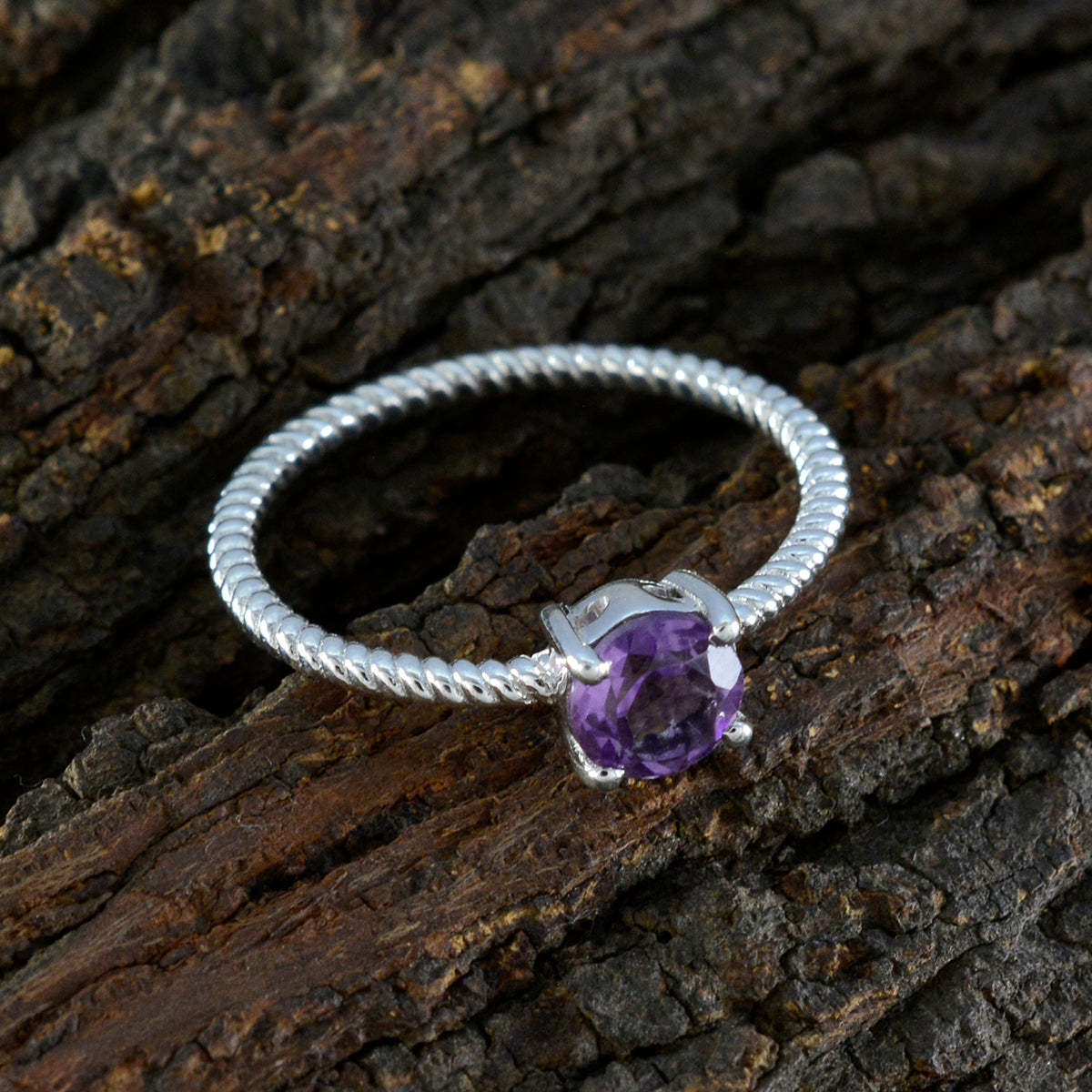 Amethyst Solitaire American 925 Silver Purple Gemstones Delicate Twist Ring Jewelry