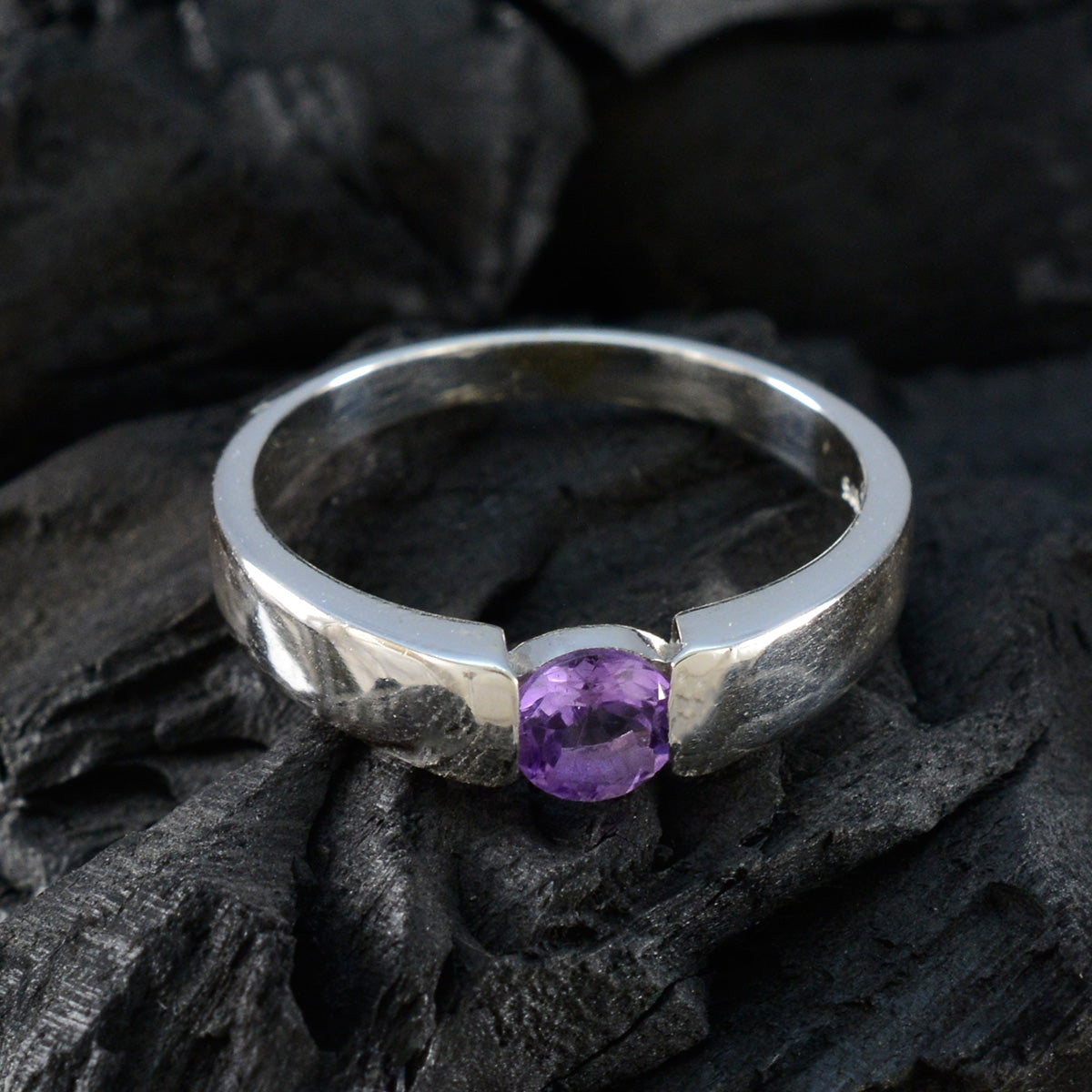 Amethyst Solitaire French 92.5 Silver Purple Gemstone Slim Romantic Ring Jewelry