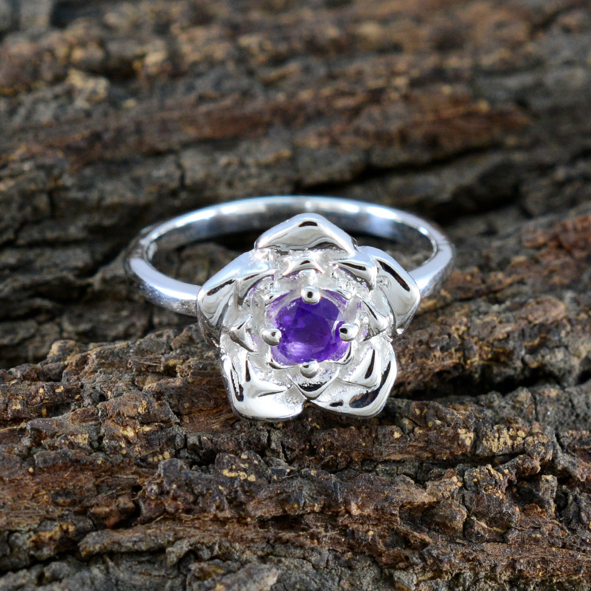 Amethyst Solitaire African 925 Silver Purple Gemstone Tiny Floral Ring Jewellery