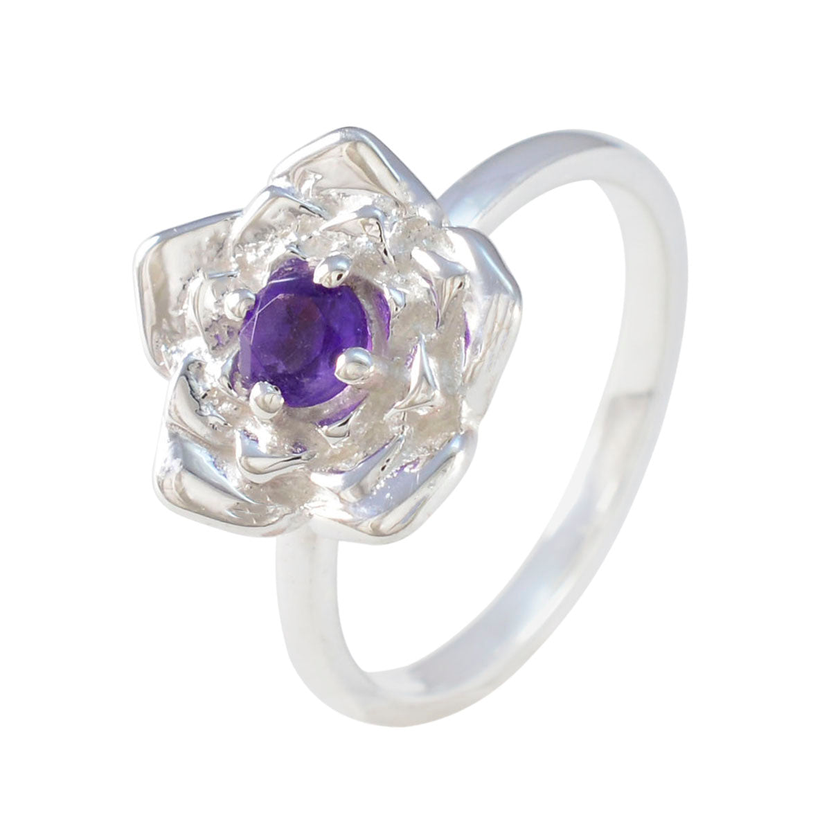 Anello floreale piccolo con pietra preziosa viola in argento 925 africano e solitario in ametista Immagine secondaria del prodotto
