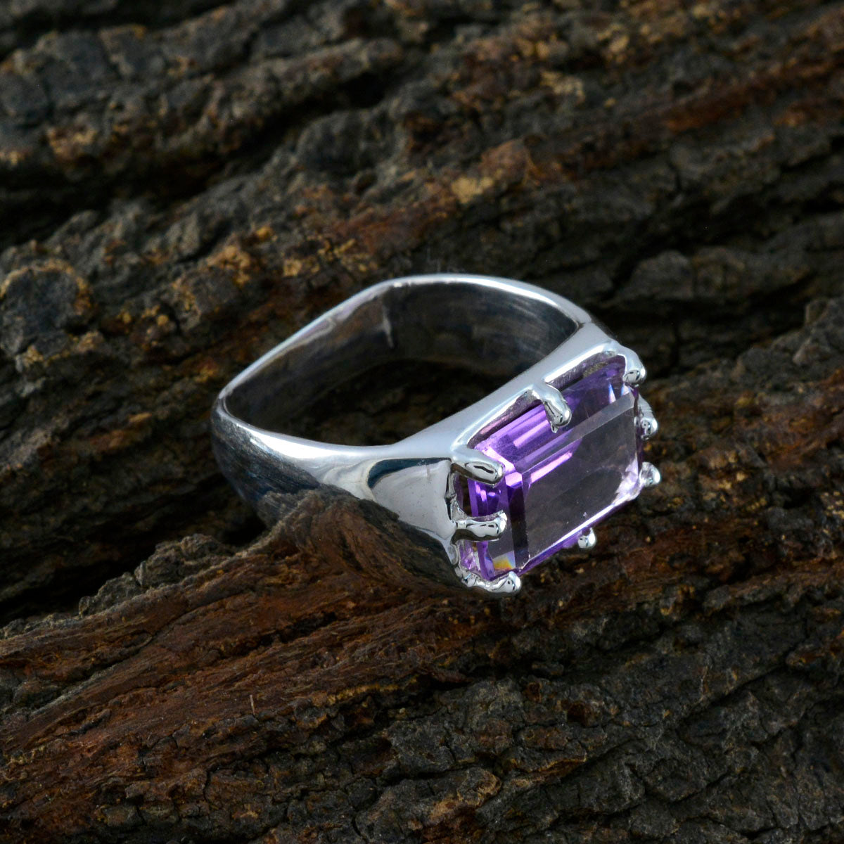Amethyst Solitaire Italian 925 Silver Purple Gems Edgy Trendy Ring Jewellery