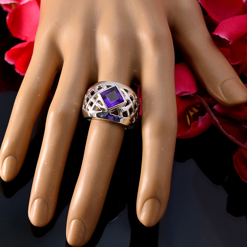 Amethyst Solitaire French 92.5 Silver Purple Gemstone Chunky Retro Ring Jewelry