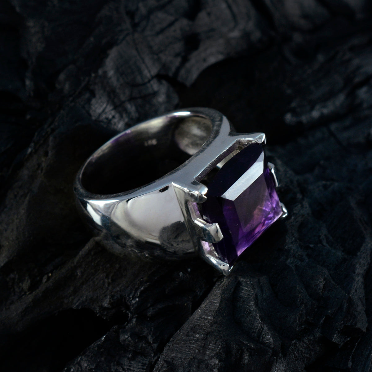 Amethyst Solitaire Italian 925 Silver Purple Gemstones Statement Retro Ring Jewelry