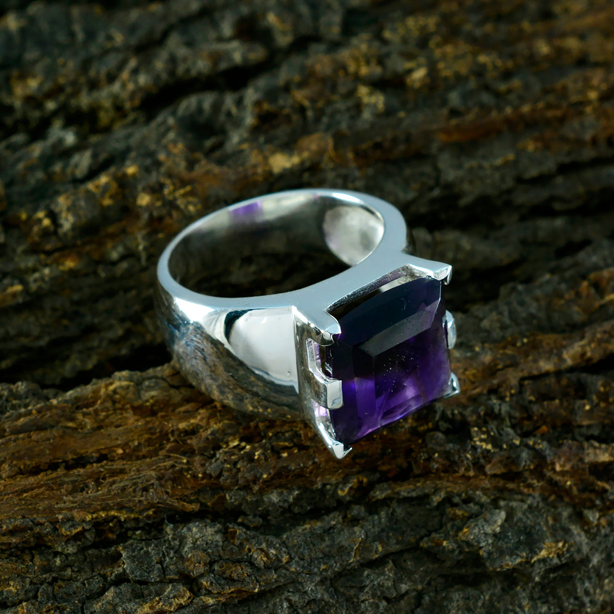 Amethyst Solitaire Italian 925 Silver Purple Gemstones Statement Retro Ring Jewelry