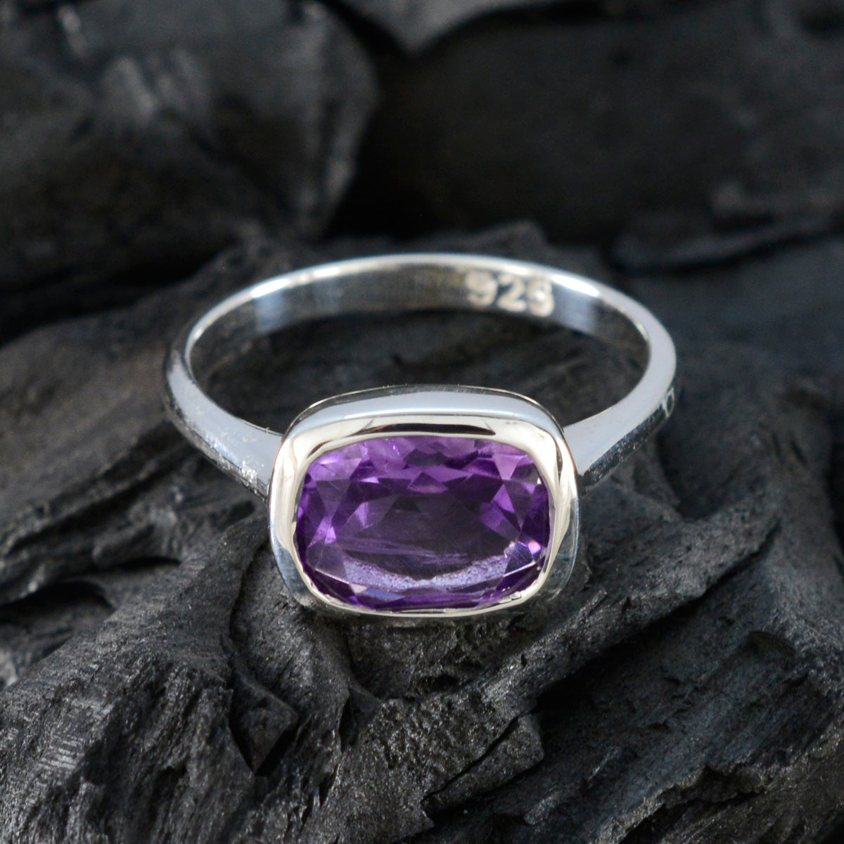 Amethyst Solitaire Egyptian 92.5 Silver Purple Gemstone Slim Boho Ring Jewellery