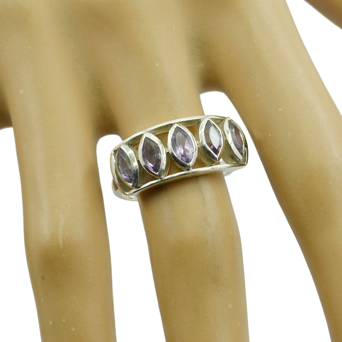 Anillo romántico fino de amatista penta, plata rusa 925, piedra preciosa morada. Imagen secundaria del producto