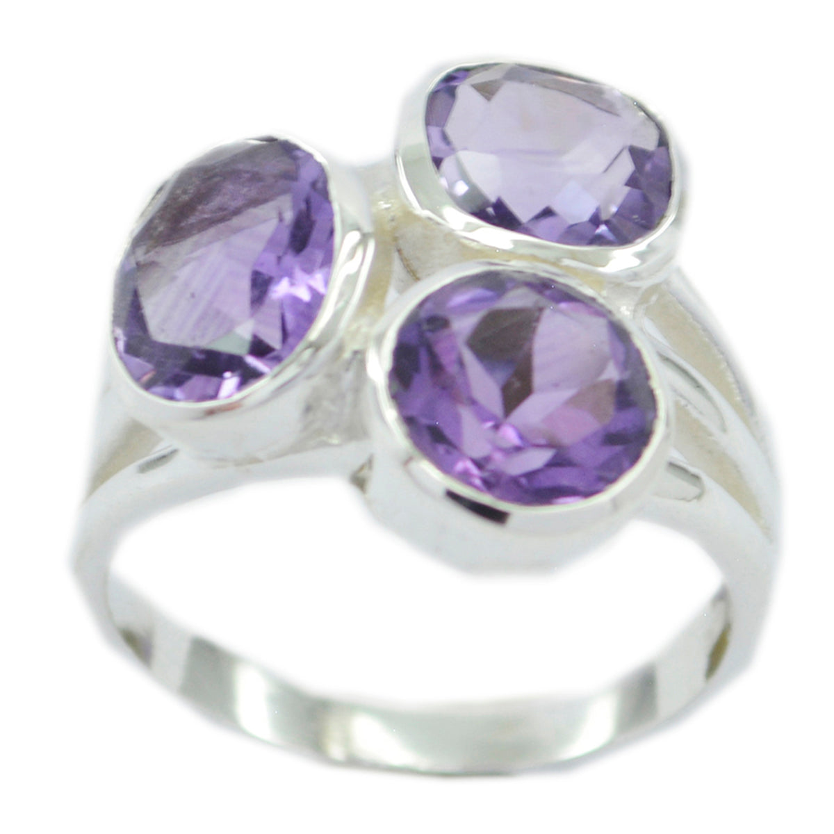 Amethyst Trilogy Russian Sterling Silver Purple Gems Mid weight Boho Ring Jewelry Imagen principal del producto