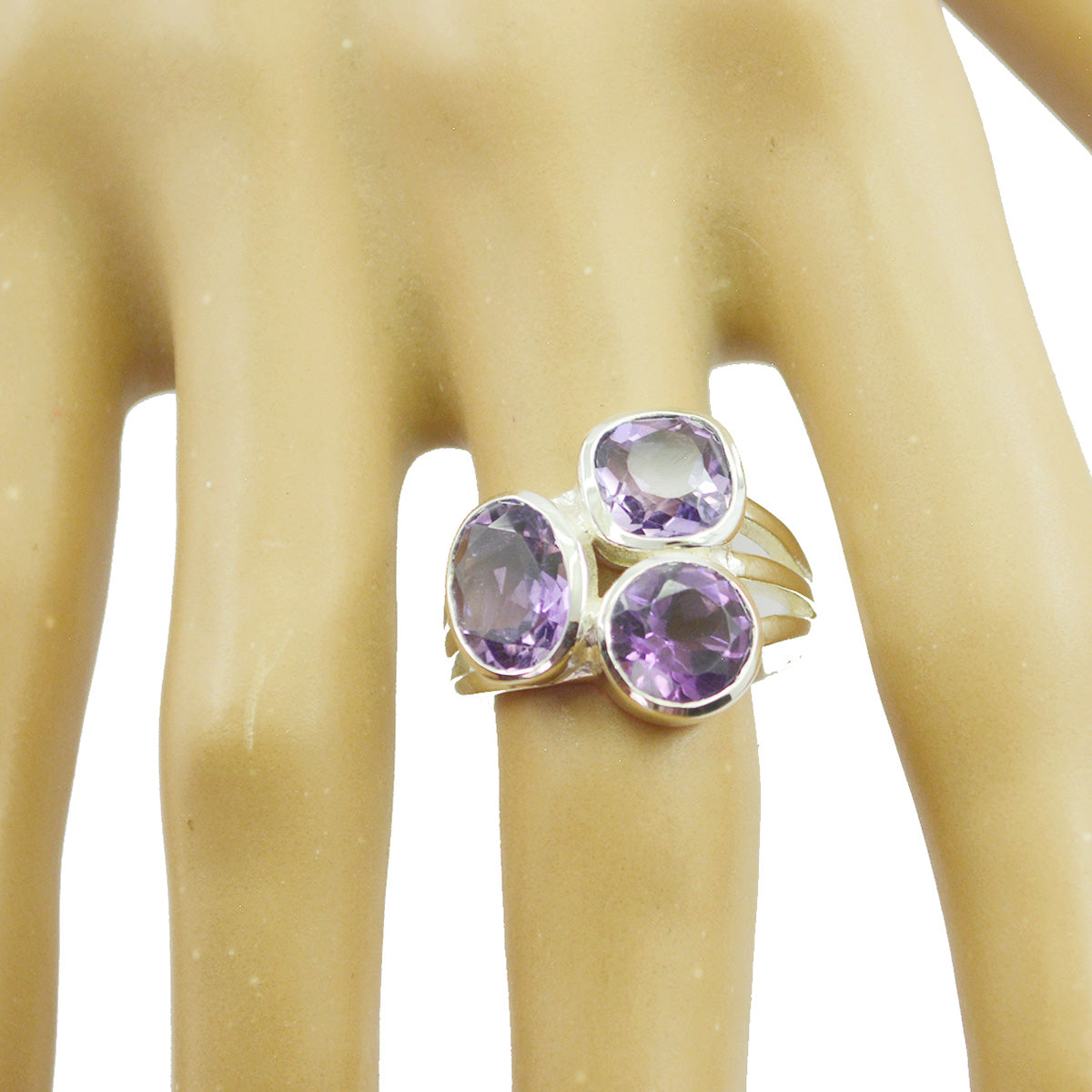 Amethyst-Trilogie, russisches Sterlingsilber, violette Edelsteine, mittelschwerer Boho-Ring, Schmuck Zweitbild