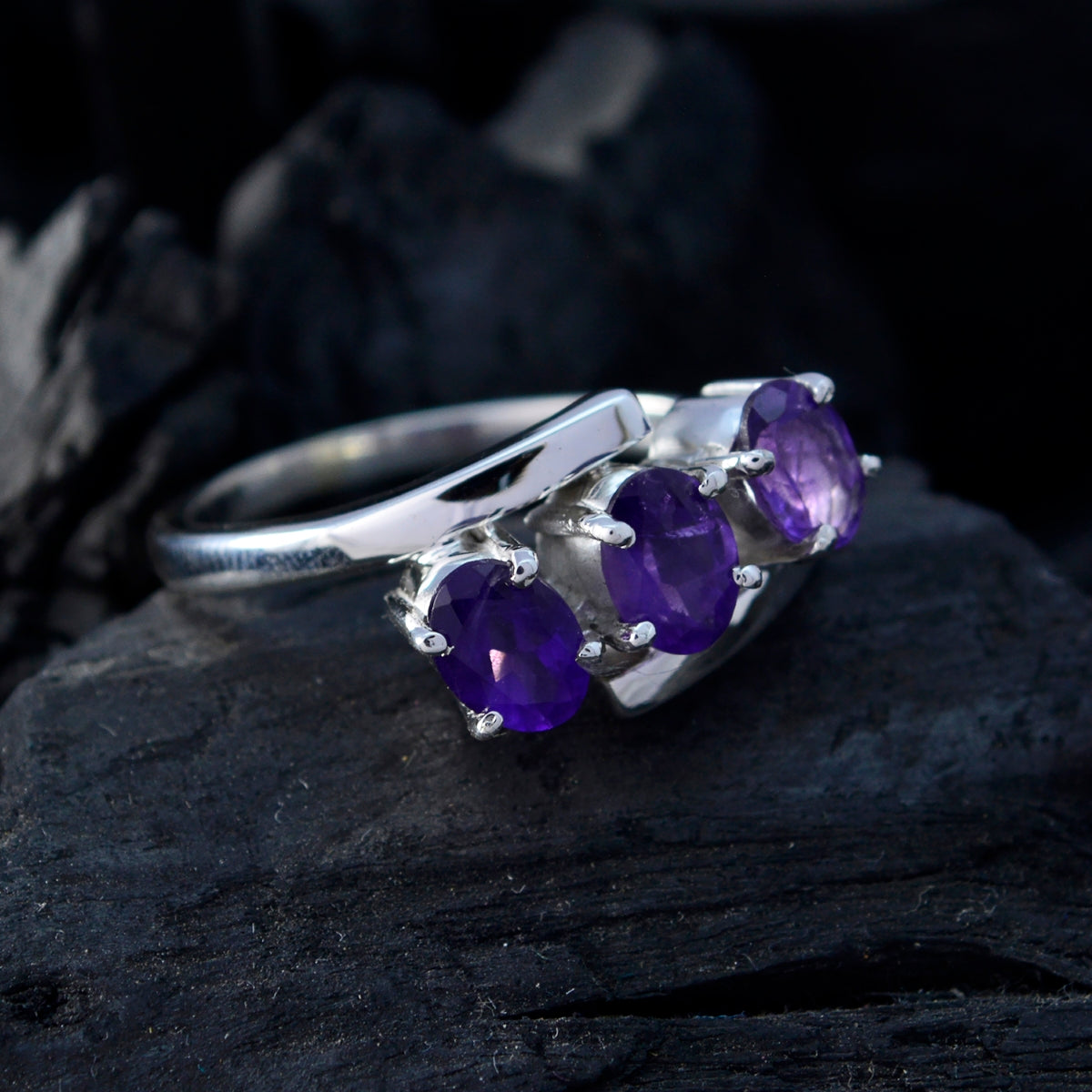 Amethyst Trilogy Egyptian 925 Silver Purple Gems Classic Abstract Ring Jewellery