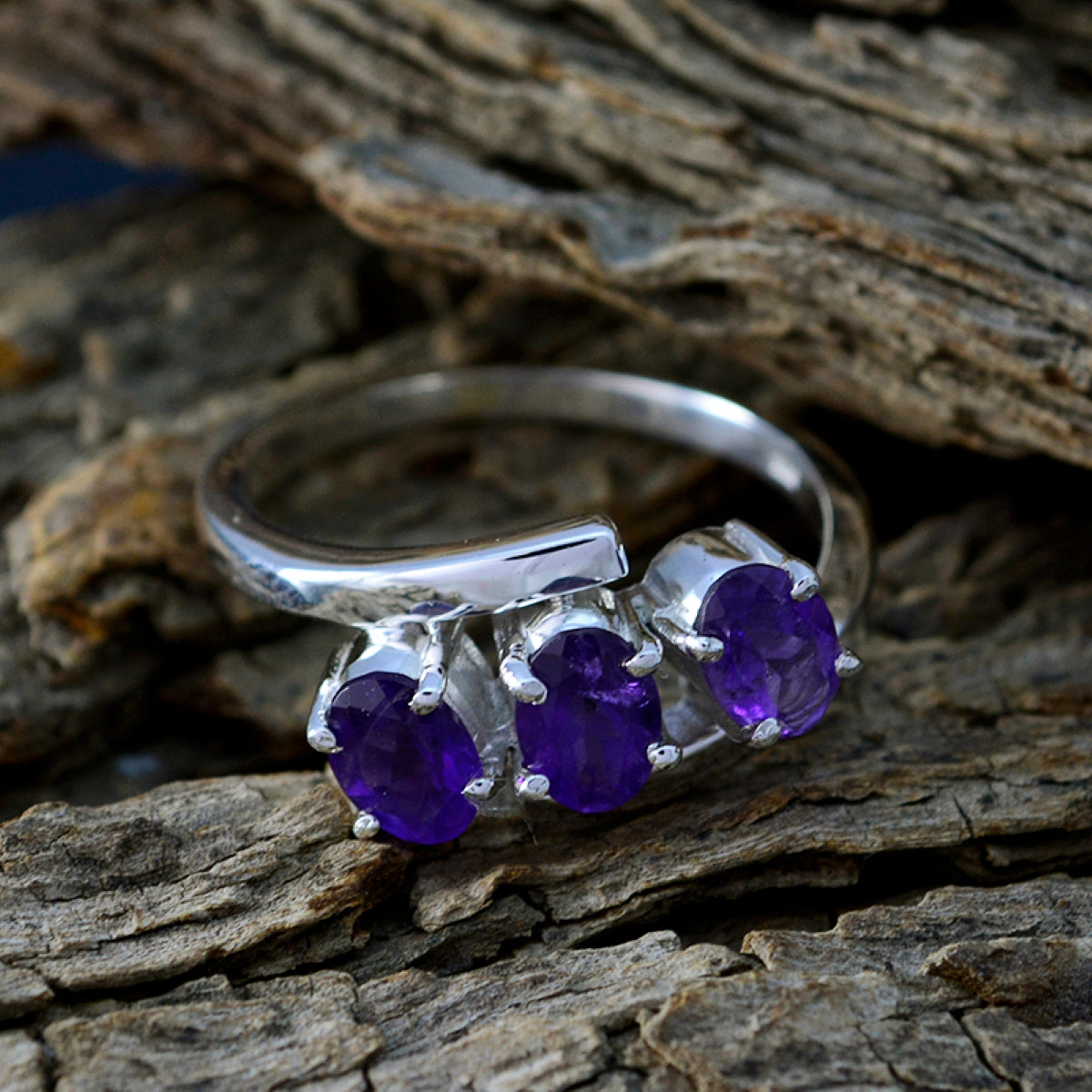 Amethyst Trilogy Egyptian 925 Silver Purple Gems Classic Abstract Ring Jewellery