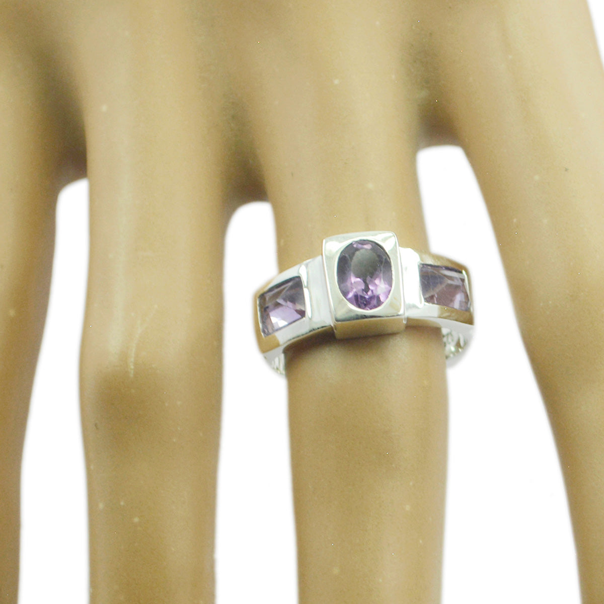 Amethyst Trilogy French 92.5 Silver Purple Gemstone Slim Graceful Ring Jewelry
