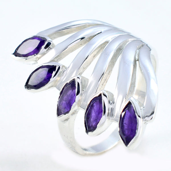 Amethyst Penta Italian 925 Silver Purple Gemstone Statement Retro Ring Jewelry