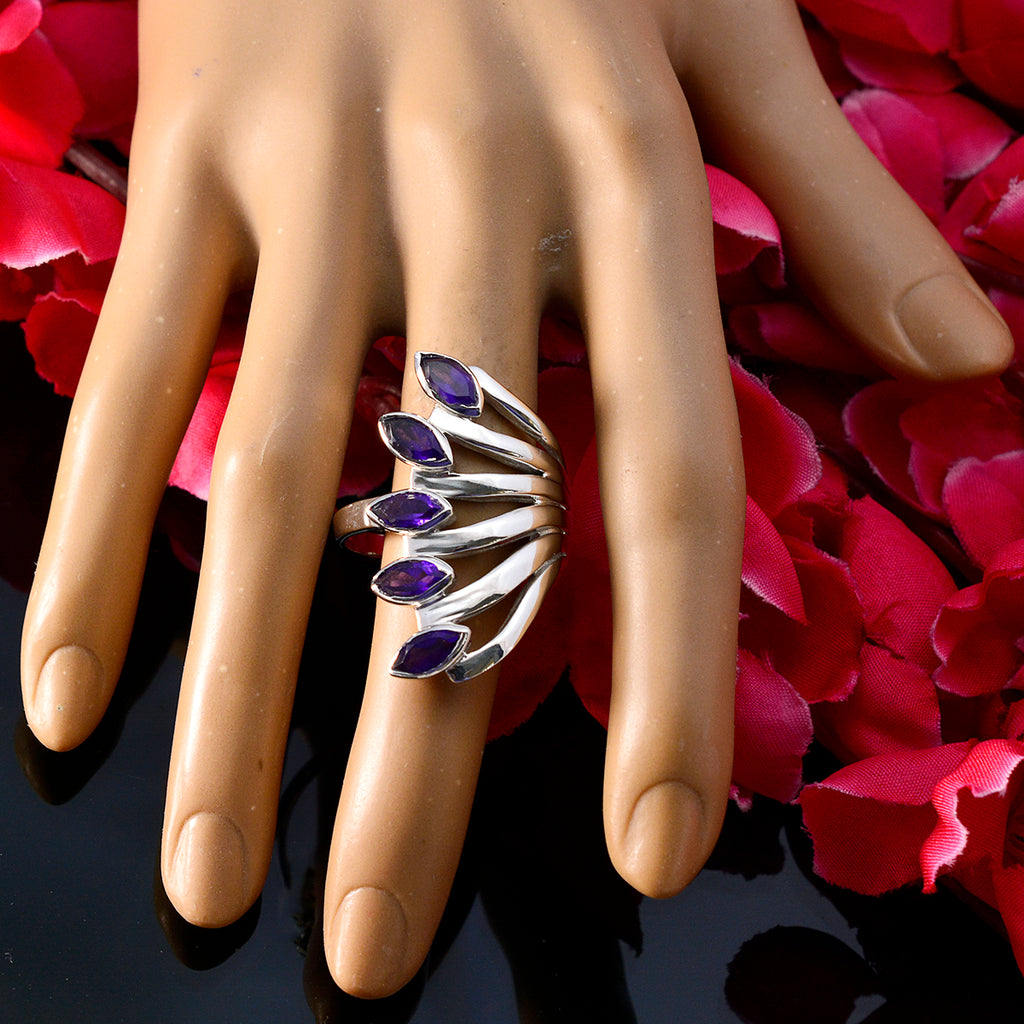 Amethyst Penta Italian 925 Silver Purple Gemstone Statement Retro Ring Jewelry