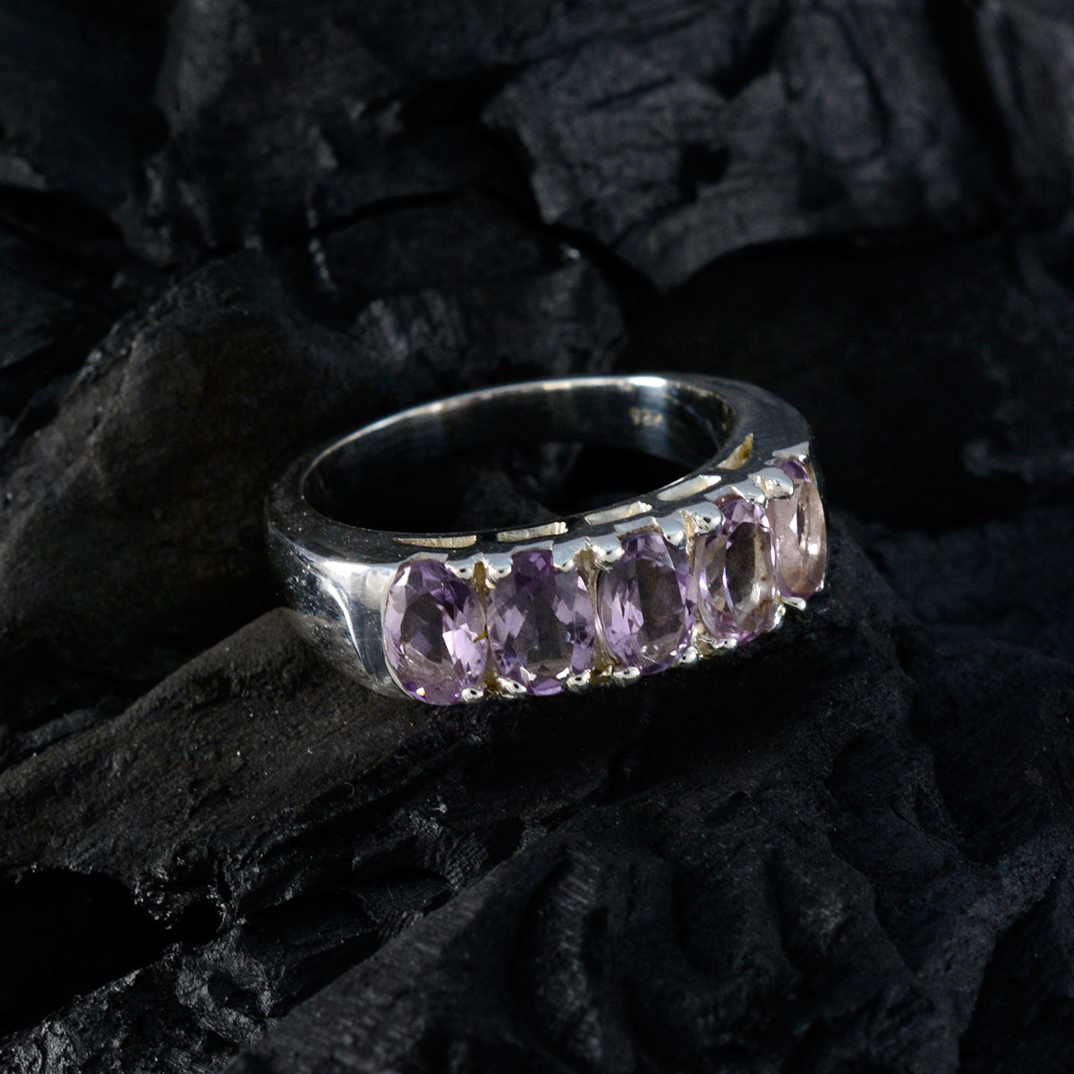 Amethyst Penta Russian 925 Sterling Silver Purple Gemstones Classic Contemporary Band Jewellery