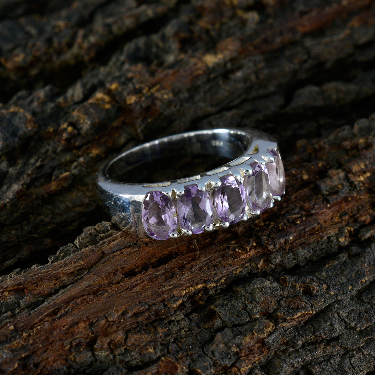Amethyst Penta Russian 925 Sterling Silver Purple Gemstones Classic Contemporary Band Jewellery