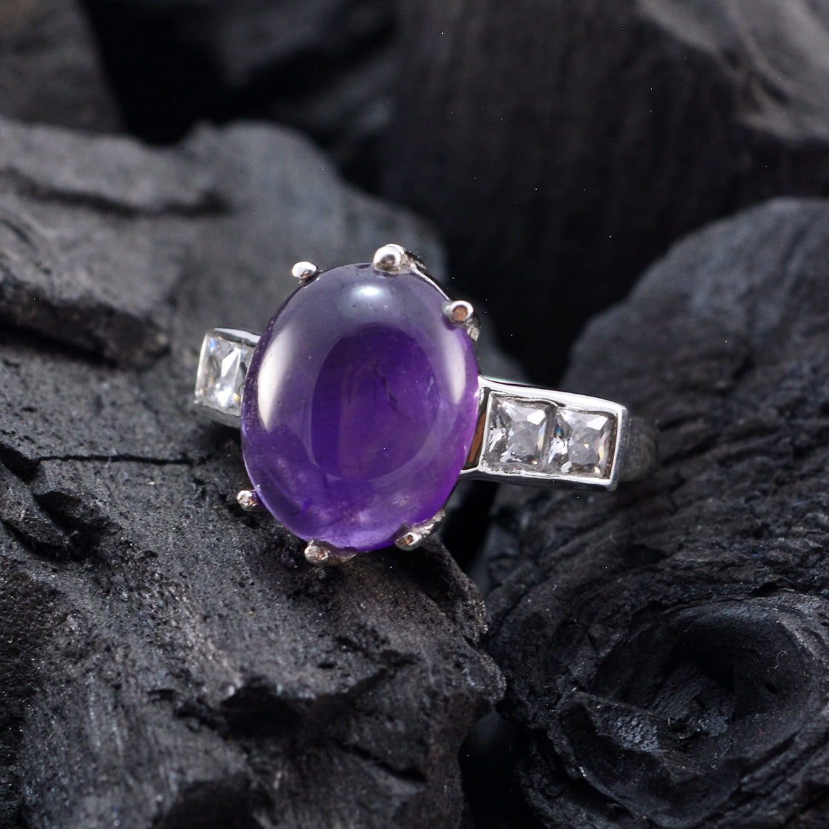 Amethyst Halo Egyptian Silver Purple Gemstone Slim Fairytale Ring Jewelry
