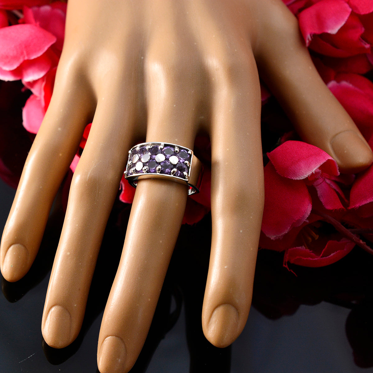 Amethyst multiple African Silver Purple Gemstones Versatile Trendy Ring Jewellery