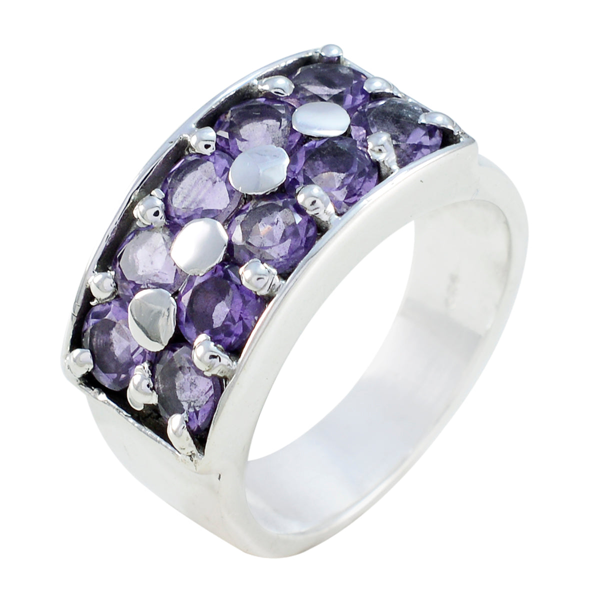 Anillo de amatista con múltiples piedras preciosas africanas, plata y morada, versátil y moderno. Imagen secundaria del producto