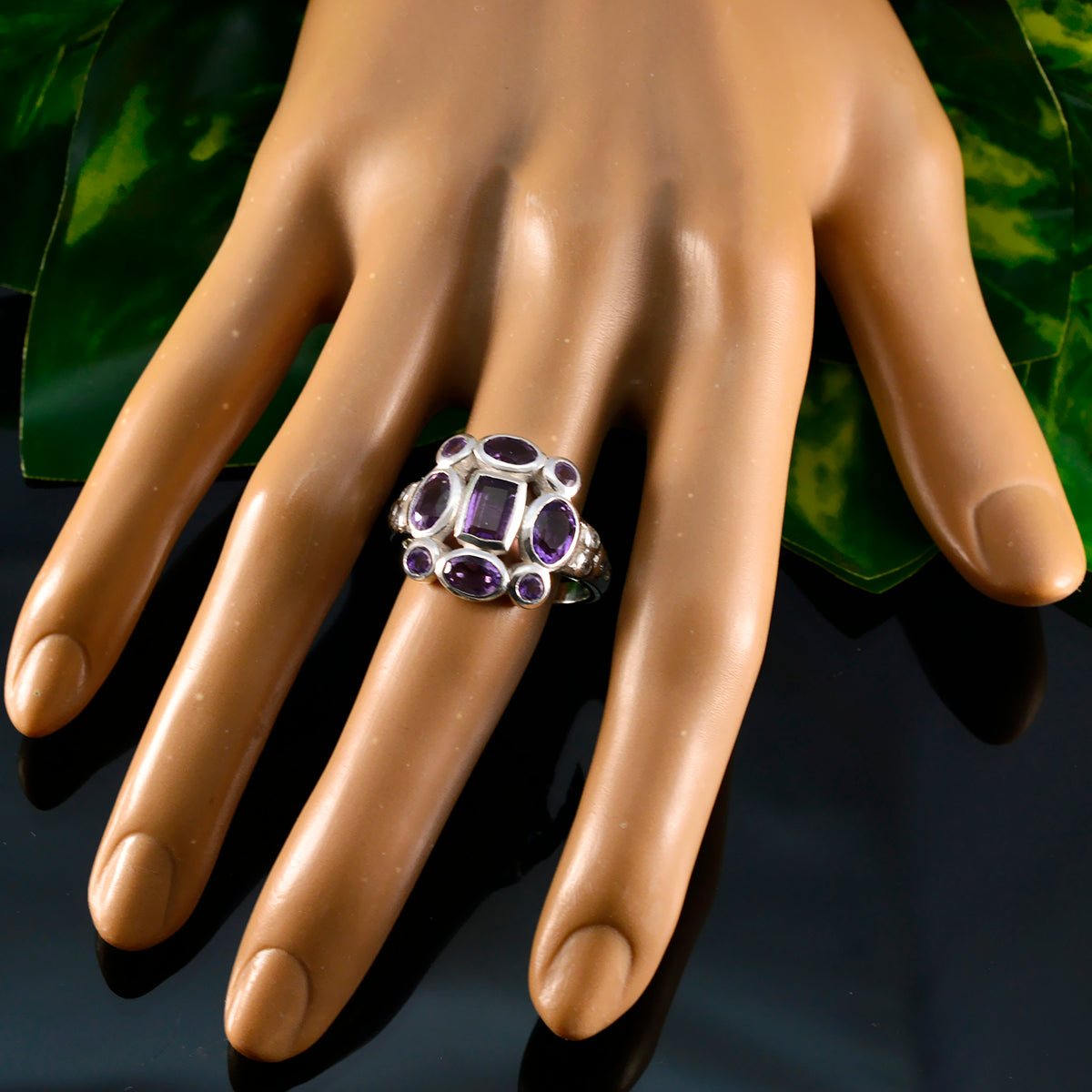 Amethyst Navratna Russian 925 Silver Purple Gemstone Classic Signet Ring Jewellery