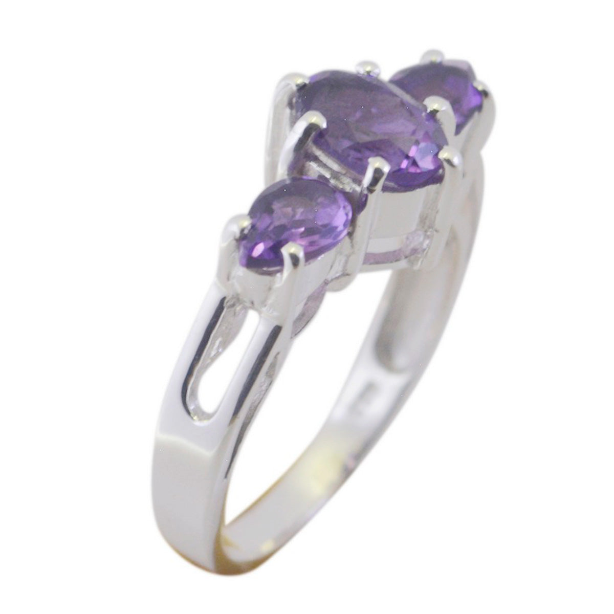 Anello da favola sottile come un sussurro con trilogia di ametista, argento turco, pietre preziose viola Immagine secondaria del prodotto