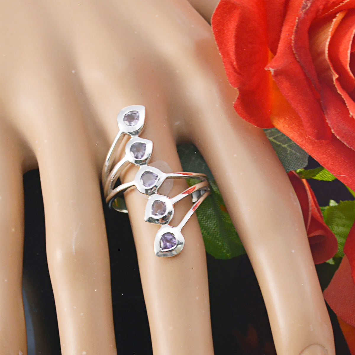 Amethyst Penta German 92.5 Silver Purple Gems Classic Abstract Ring Jewelry