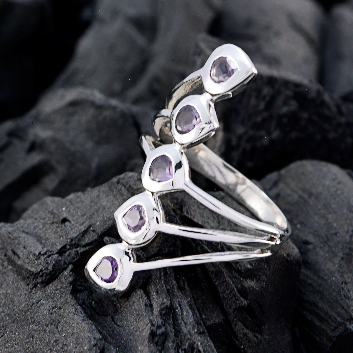 Amethyst Penta German 92.5 Silver Purple Gems Classic Abstract Ring Jewelry