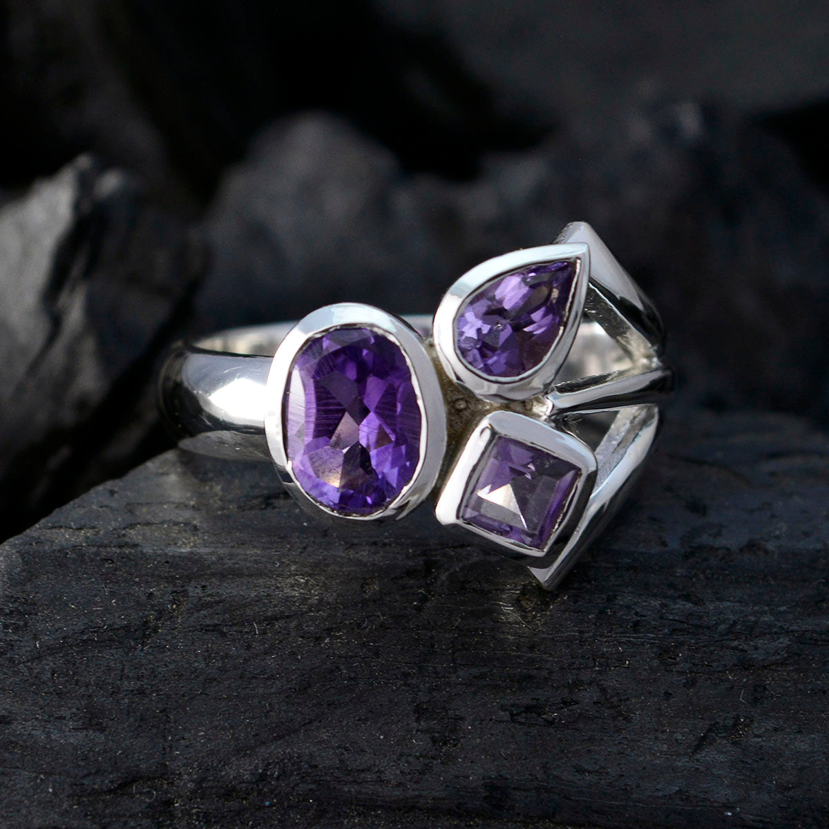 Amethyst Trilogy Moroccan 925 Silver Purple Gemstones Mid weight Romantic Ring Jewellery