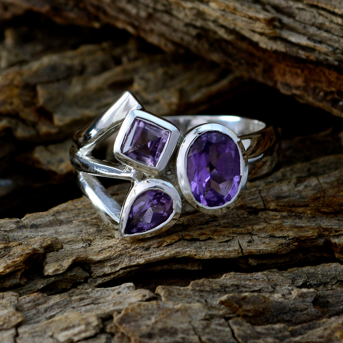 Amethyst Trilogy Moroccan 925 Silver Purple Gemstones Mid weight Romantic Ring Jewellery