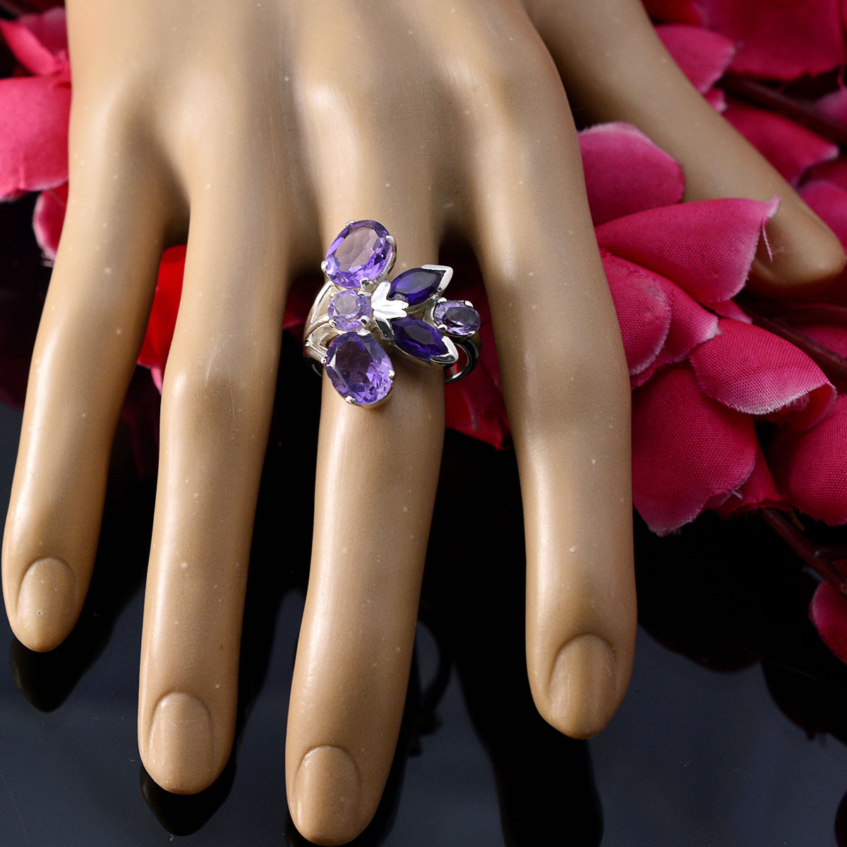 Amethyst Hexa Indian Silver Purple Gems Versatile Modern Ring Jewellery