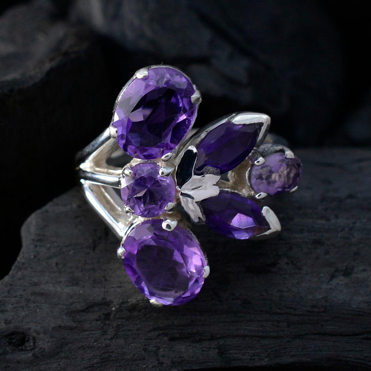 Amethyst Hexa Indian Silver Purple Gems Versatile Modern Ring Jewellery