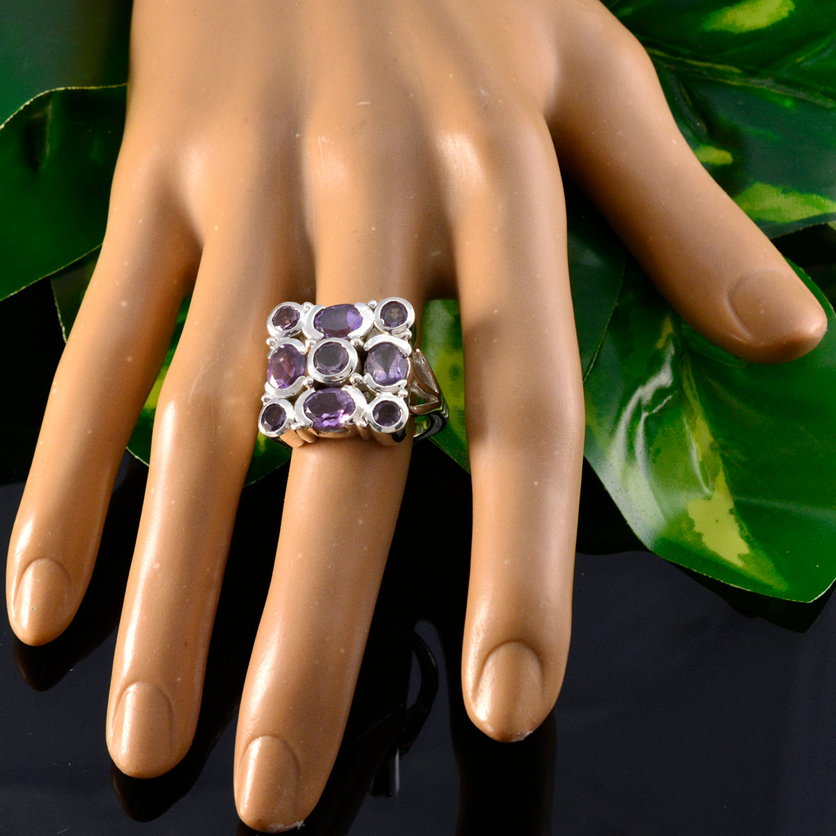 Amethyst Navratna French Silver Purple Gems Chunky Armor Ring Jewelry