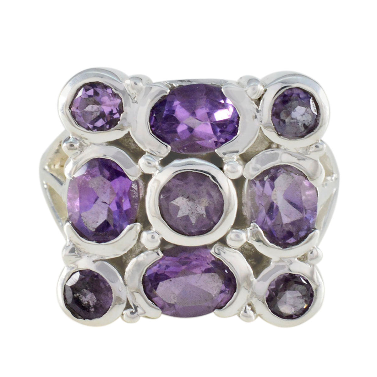 Amethyst Navratna French Silver Purple Gems Chunky Armor Ring Jewelry Hoofdafbeelding