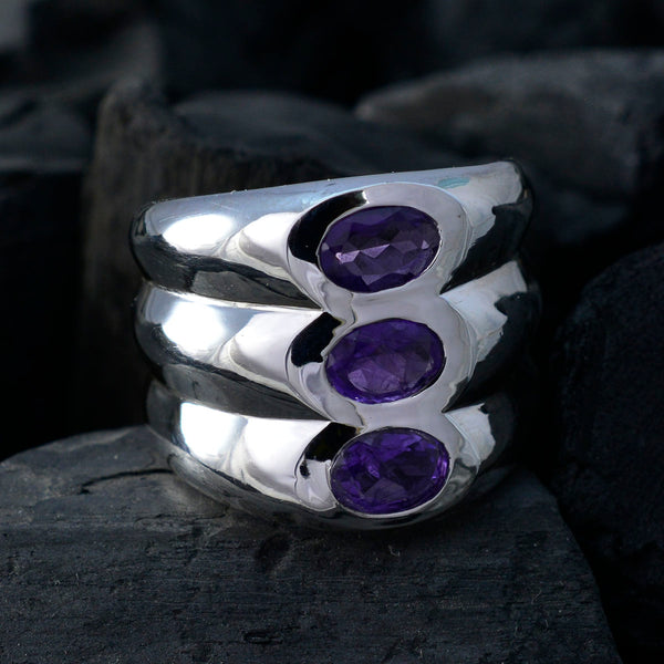 Amethyst Trilogy German 92.5 Silver Purple Gemstone Edgy Modern Ring Jewelry