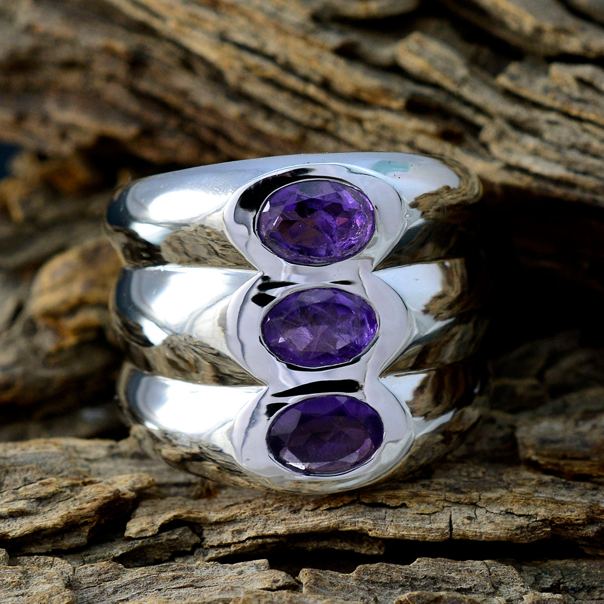 Amethyst-Trilogie, deutscher 92,5er Silber, lila Edelstein, kantiger moderner Ringschmuck