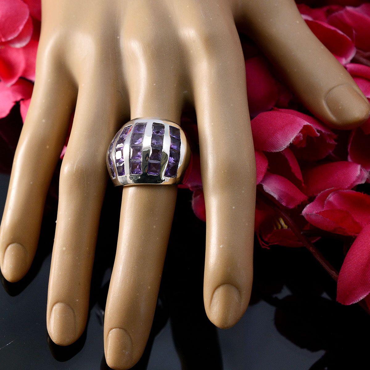 Amethyst multiple Italian Silver Purple Gemstone Chunky Vintage Ring Jewelry
