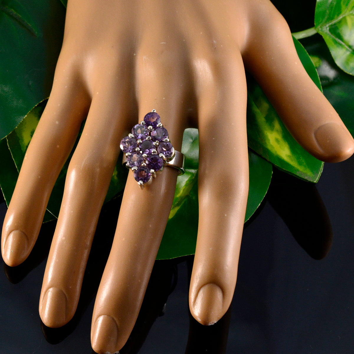 Amethyst Navratna French Sterling Silver Purple Gemstones Edgy Contemporary Ring Jewellery
