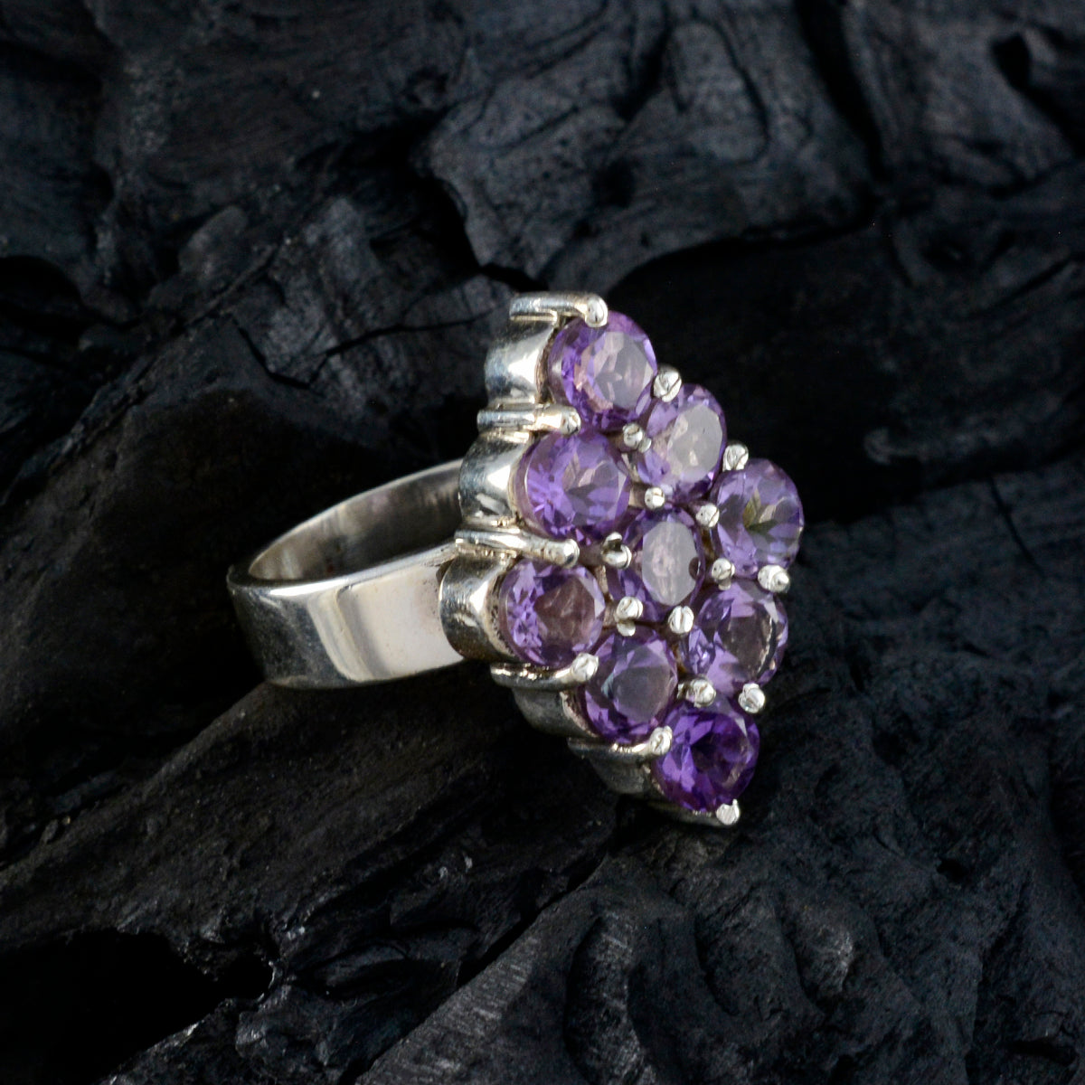 Amethyst Navratna French Sterling Silver Purple Gemstones Edgy Contemporary Ring Jewellery