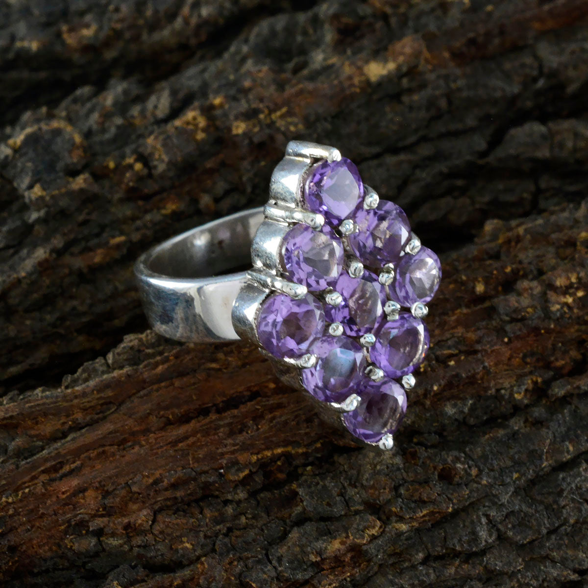 Amethyst Navratna French Sterling Silver Purple Gemstones Edgy Contemporary Ring Jewellery